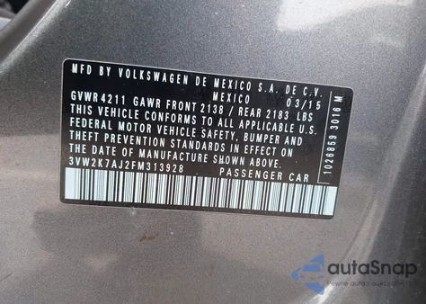 2015 Volkswagen Jetta 2.0L S из США, поврежденный, VIN 3VW2K7AJ2FM313928